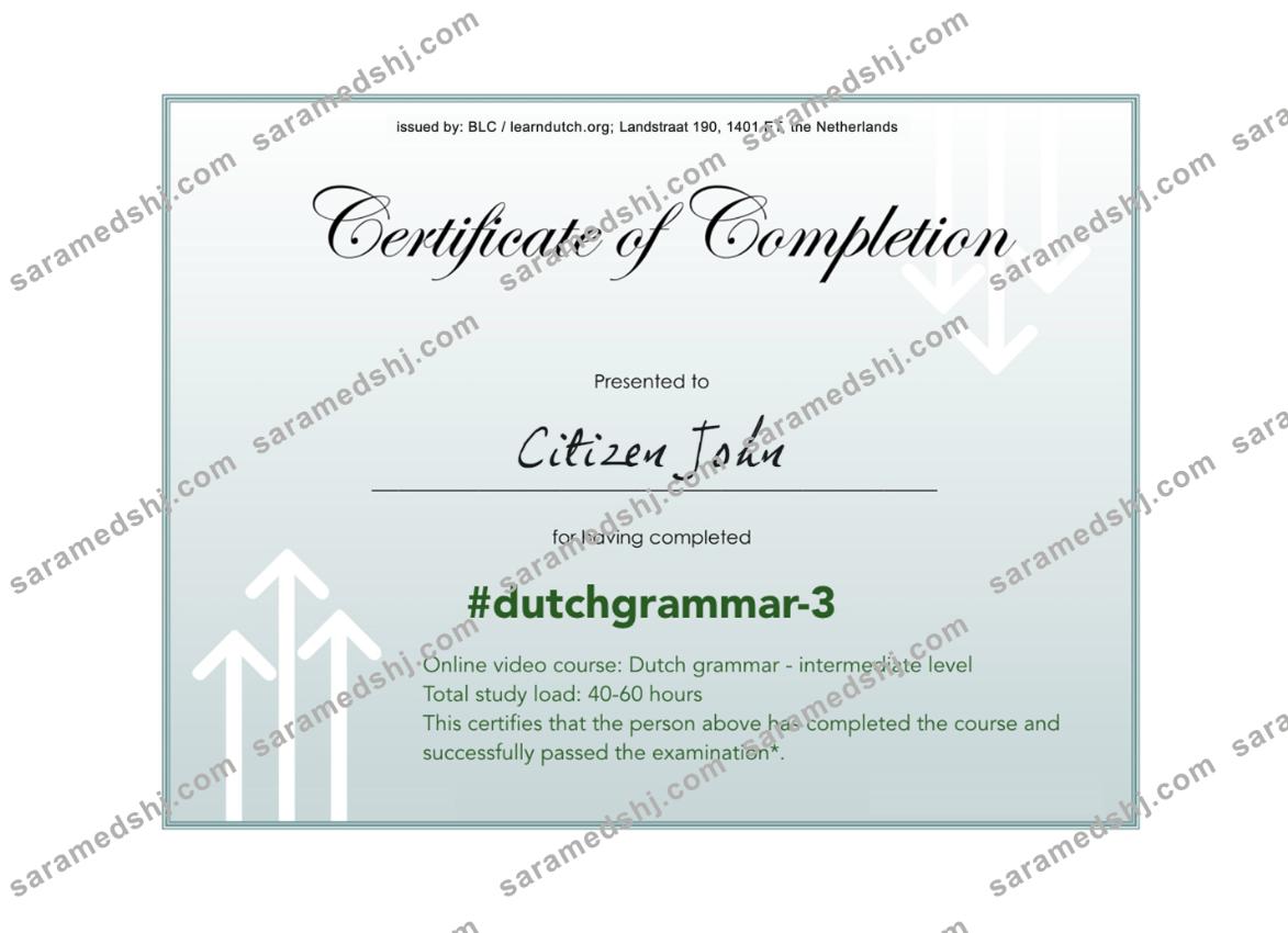Netherlands language grammar certificate of completion PSD sample, completely editable